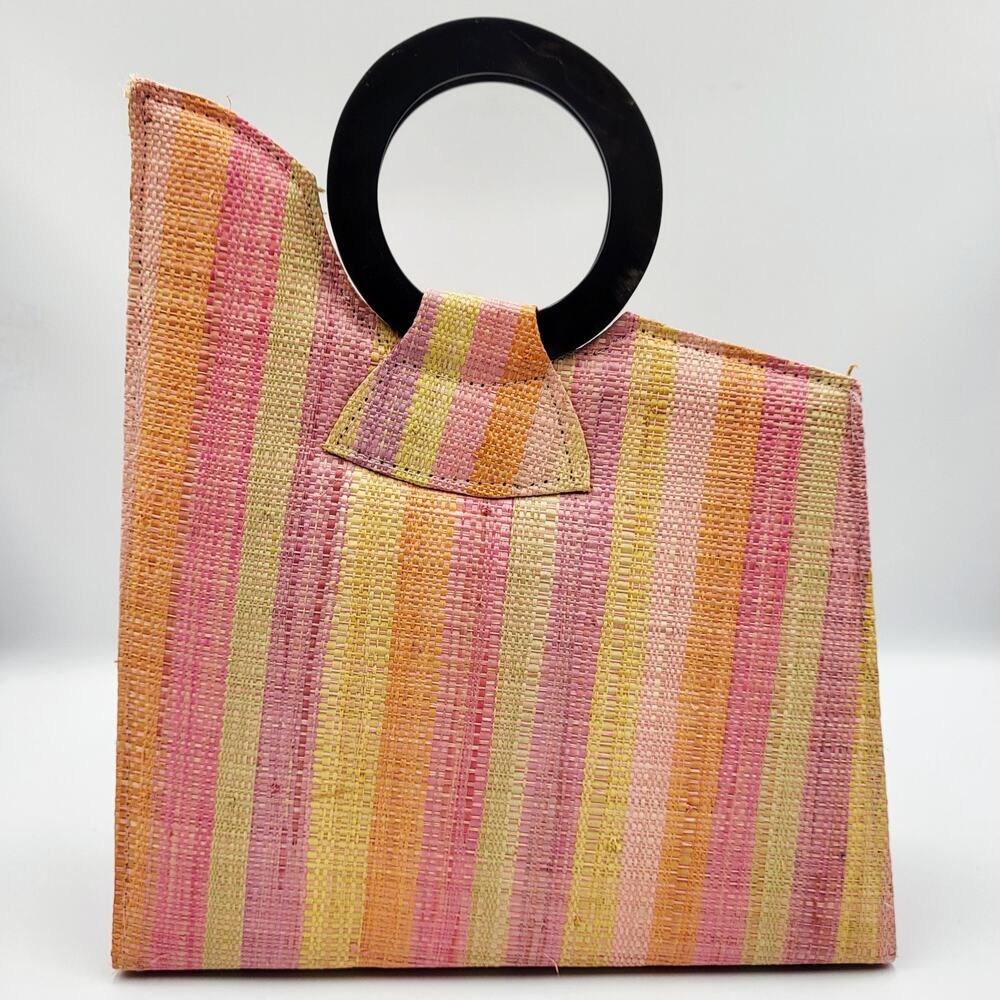 Geometric Rainbow Structured Striped Handbag Tote Bag with Wooden Handles - Picture 2 of 12